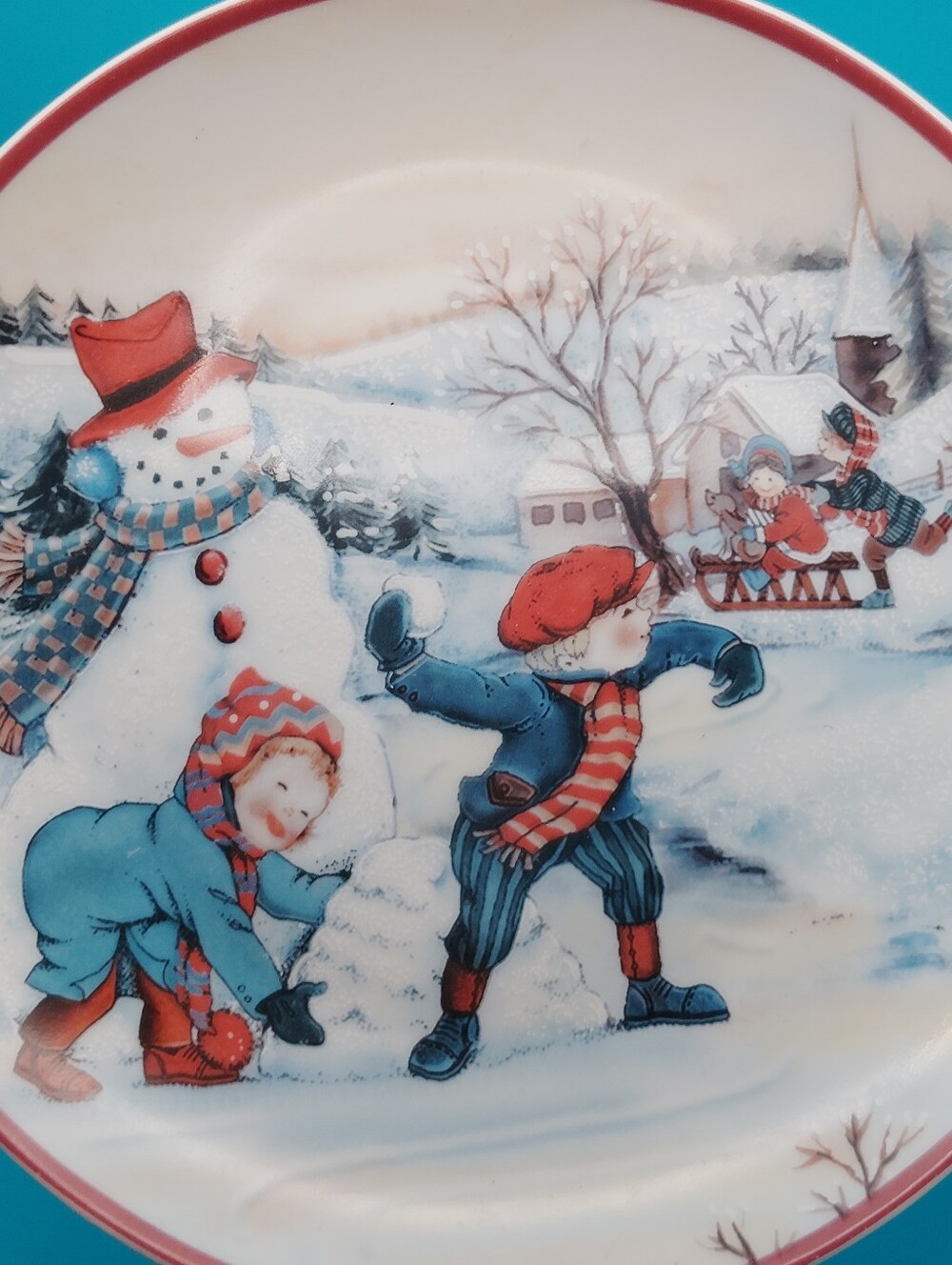 Vintage Winter Children Snow Play Decorative Plate